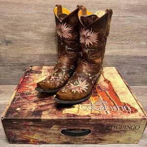 Old Gringo Ellie Brown Leather Pink Floral Embroidered Cowgirl Boots Size 8.5 B